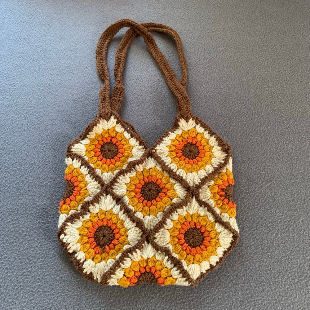 Handmade Crochet Sunflower Granny Square Bag / Purse Brown Orange Boho Retro